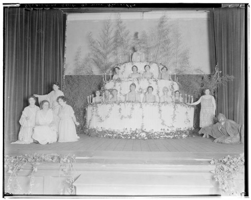 Birthday cake on stage at the Shakespeare Club, 230 South Los Robles, Pasadena. 1928