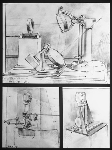 Three drawings of Hale's spectrohelioscope, drawn by Russell W. Porter