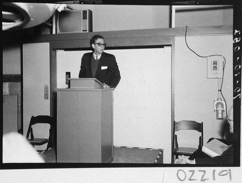 J. Bev Oke addressing guests at the dedication of the 60-inch telescope, Palomar Observatory