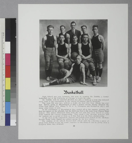 Yearbook page with the basketball team of New Albany High School, with their coach Edwin Powell Hubble