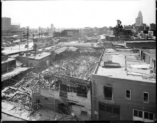 Fire damage in China City, Los Angeles. 1939