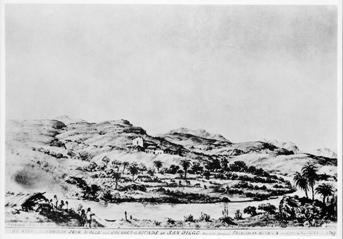 Mission San Diego from distance, Vischer, 1874