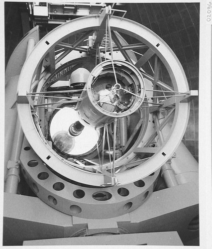 200-inch telescope, tube down, observer in prime-focus cage with photometer, Palomar Observatory