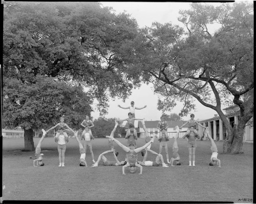 Boys forming a pyramid, Polytechnic Elementary School, 1030 East California, Pasadena. 1935