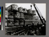 Junkyard pile of Pacific Electric cars at Terminal Island