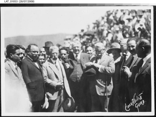 Harry Chandler and President Obregon and others celebrating the final leg of the Southern Pacific de Mexico railroad