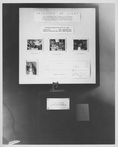 Exhibition board showing Velocity of Light experiments by Dr. Michelson