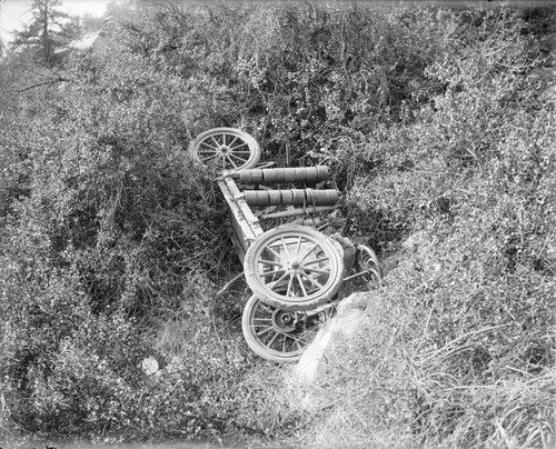 Horse-drawn truck in the shrubbery, below a trail on Mount Wilson