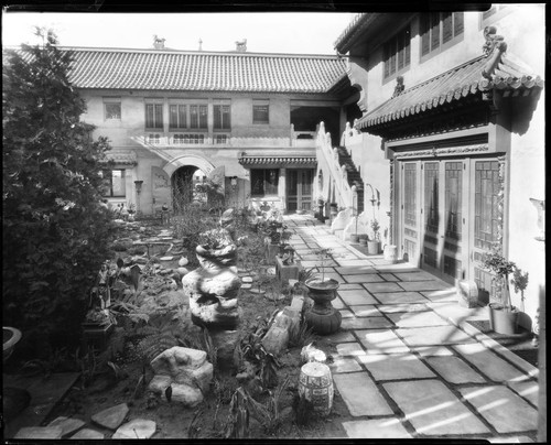 View of courtyard garden and Chinese-style architecture of Grace Nicholson's Treasure House