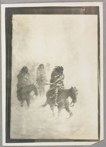 Painting of Indians on horses in a blizzard, by Frank Sauerwein