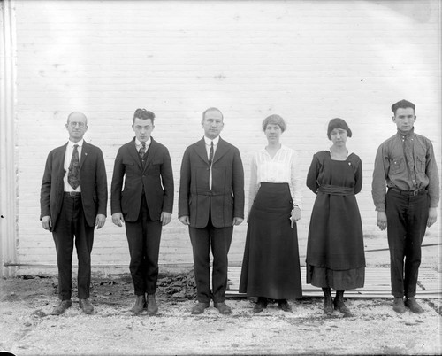 Group photograph of six employees of the Mount Wilson Observatory optical laboratory, Pasadena