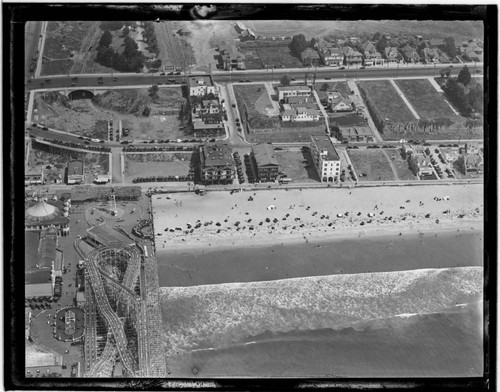 Aerial detail of Santa Monica Pier and beach south of pier