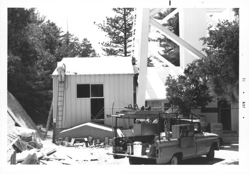 Construction of a computer room addition at the base of the 150-foot tower telescope, Mount Wilson Observatory