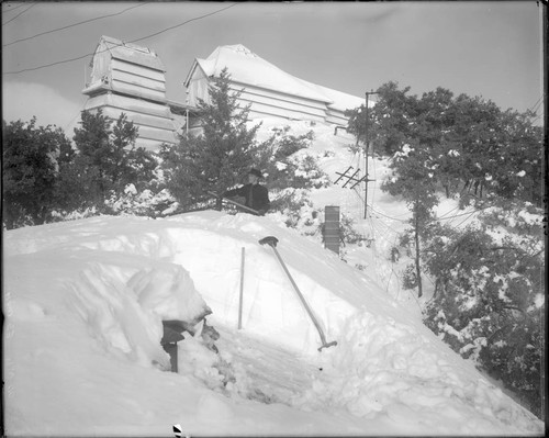 Snow telescope building, and roof of physical laboratory after snowfall, Mount Wilson Observatory