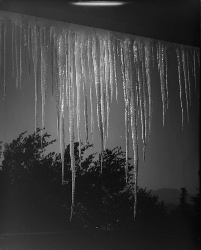 Icicles hanging from a roof line, Mount Wilson