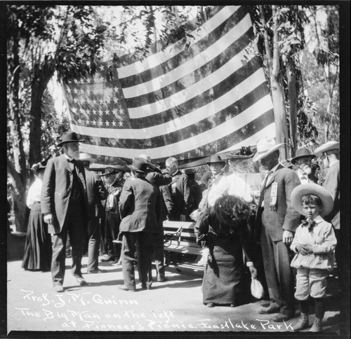 Professor J.M. Guinn, the Big Man on the left, at Pioneer's Picnic, Eastlake Park