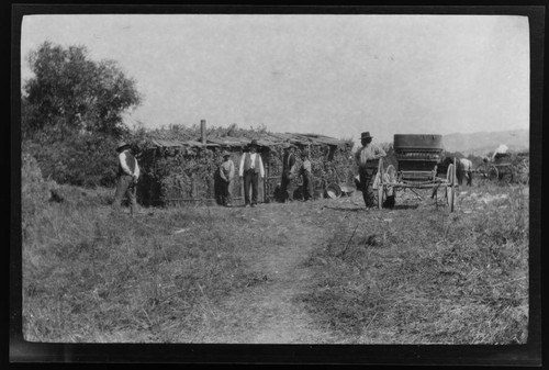 A group of Native American men and boys in front of a wood and brush house