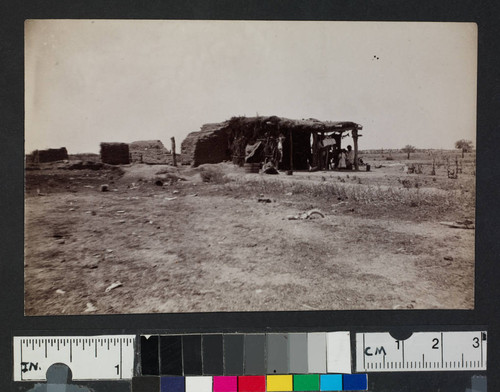 Brush and adobe shelter in unidentified settlement