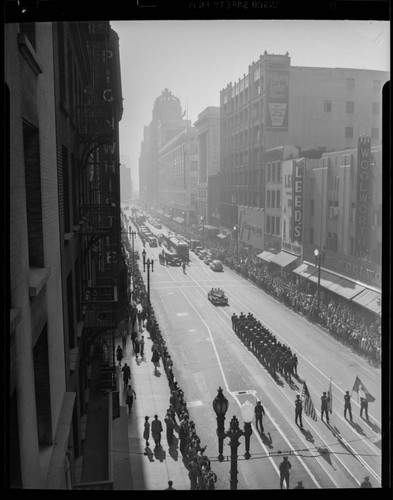 Military parade on Broadway in Los Angeles, California