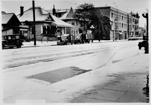 Snow in Los Angeles, January 9, 1930. Pico St. east from Union
