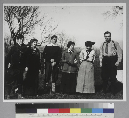 Group photograph of Edwin Powell Hubble with five (5) unidentified companions, outside