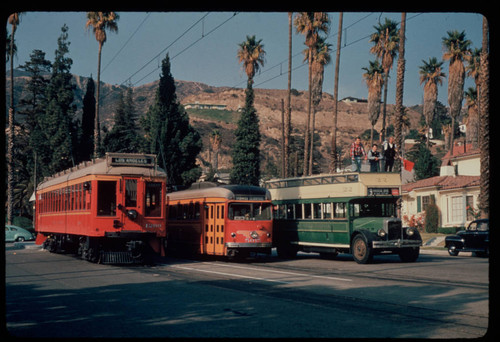 Pacific Electric Railway cars and a bus in Glendale