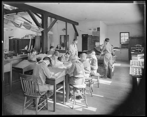 Scout troop in print shop, Polytechnic Elementary School, 1030 East California, Pasadena. May 17 -23, 1938