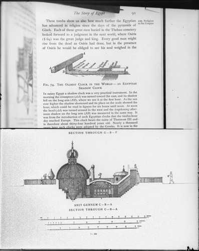 Book illustrations of an ancient Egyptian shadow clock and a cross-section of Tycho Brahe's observatory at Hven