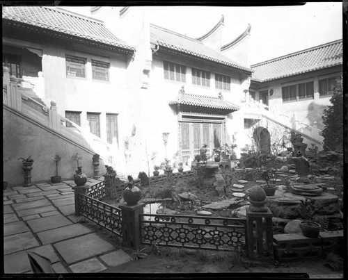 View of courtyard garden and Chinese-style architecture of Grace Nicholson's Treasure House