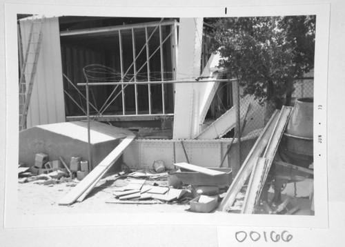 Construction debris at the computer room addition at the base of the 150-foot tower telescope, Mount Wilson Observatory