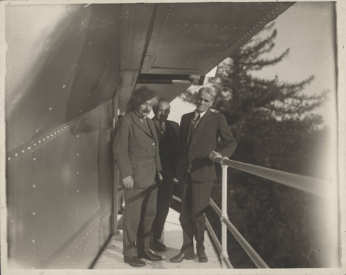 Albert Einstein, Walther Mayer and Walter Adams on the catwalk of the 100-inch telescope dome, Mount Wilson Observatory