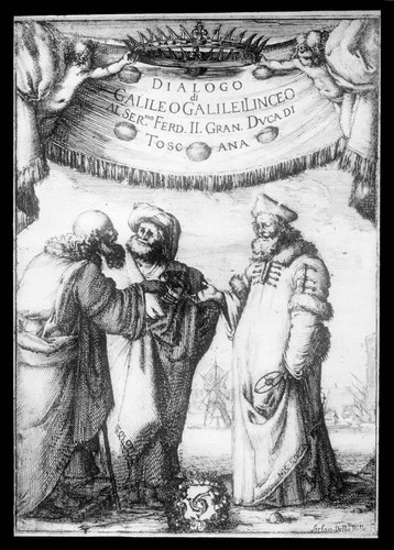 Illustration from the title page of Galileo's "Dialogue conerneing two chief world systems"