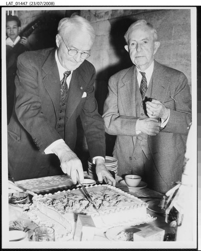 Harry Chandler cutting cake at Olvera Street birthday party