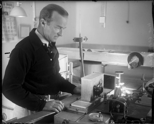 Joseph Hickox inside the 60-foot telescope tower, Mount Wilson Observatory