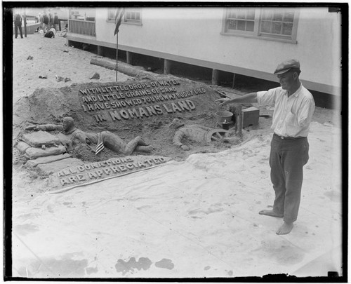 Philo Truex "sculptor" and sand sculpture, Santa Monica, California