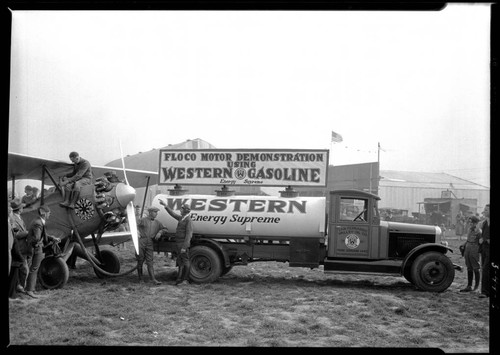 Floco engine airplane and Western Gasoline fuel truck, Glendale Airport. 1928