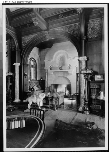 Billiard room fireplace alcove at Vermejo Ranch