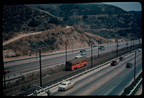 Pacific Electric Railway car in Cahuenga Pass near Mulholland Highway, on the Van Nuys line