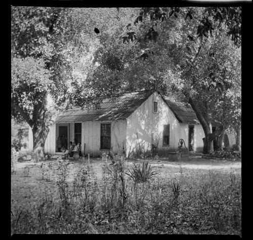 Unidentified house with family group near door, well and pump in yard