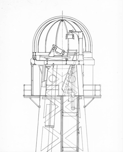 Technical drawing of the 150-foot tower telescope dome for Mount Wilson Observatory