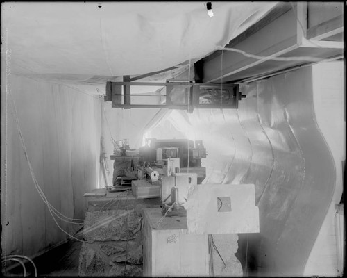 Interior of Snow telescope building, showing optical apparatus, Mount Wilson Observatory