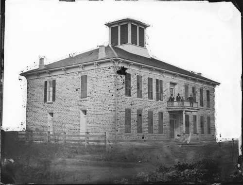 New stone Council House, cost $13,000. Okmulgee, Indian Territory. Built by the tribe with their own funds