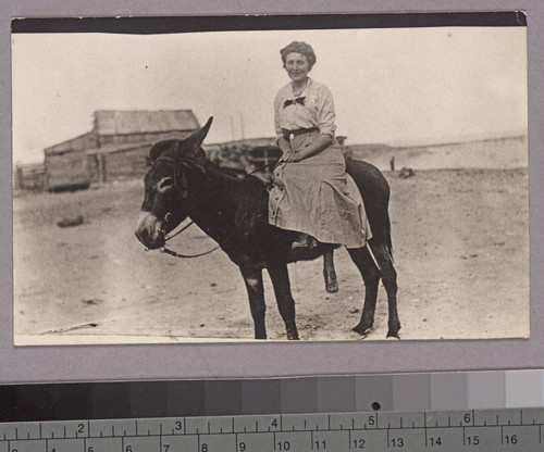 Grace Nicholson sitting on burro, Naschitti, New Mexico