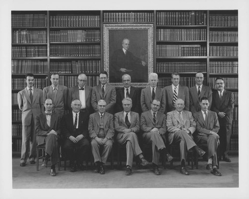 Group portrait of Hale Observatories staff in the Hale Observatories Library, Pasadena