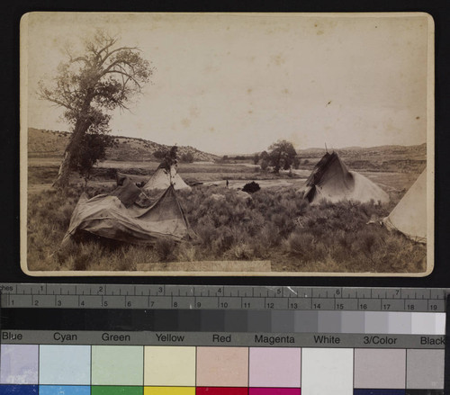 View of a camp of tepees in a desert setting