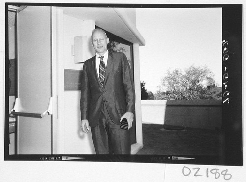 Arthur Allen Hoag standing outside the Oscar G. Mayer memorial building, Palomar Observatory