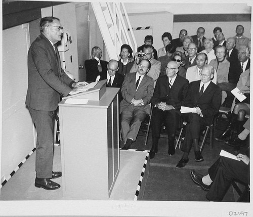 Horace W. Babcock addressing guests at the dedication of the 60-inch telescope, Palomar Observatory