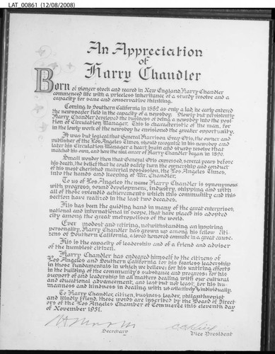 Letter of appreciation to Harry Chandler from the Los Angeles Chamber of Commerce negative