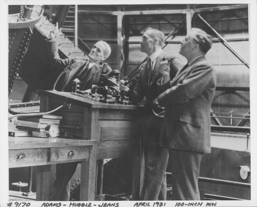 Walter S. Adams, Edwin Powell Hubble and James Hopwood Jeans at the control panel of the 100-inch telescope, Mount Wilson Observatory