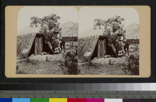 Hualapai Indian on a horse in front of a wooden shelter